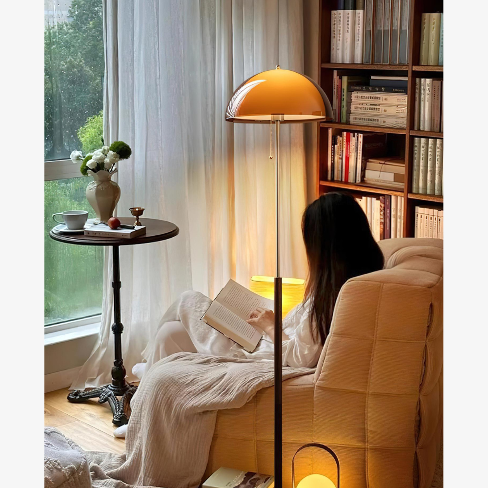 Torchiere Floor Lamp with Bi-Material Metal and Wood Stem with Acrylic Dome Shade