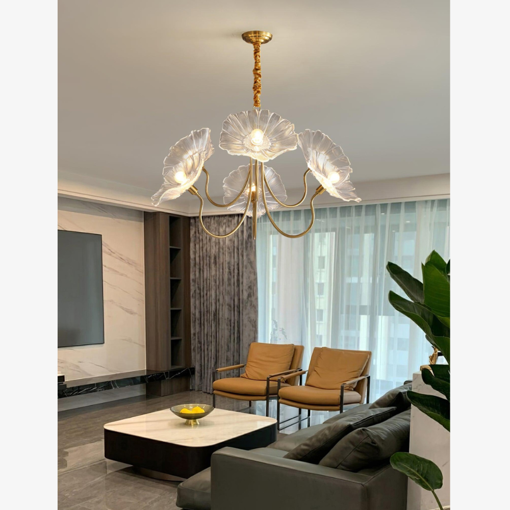 Chandelier with Flower Glass Shades and Gold Metal Frame - Modern Art Deco