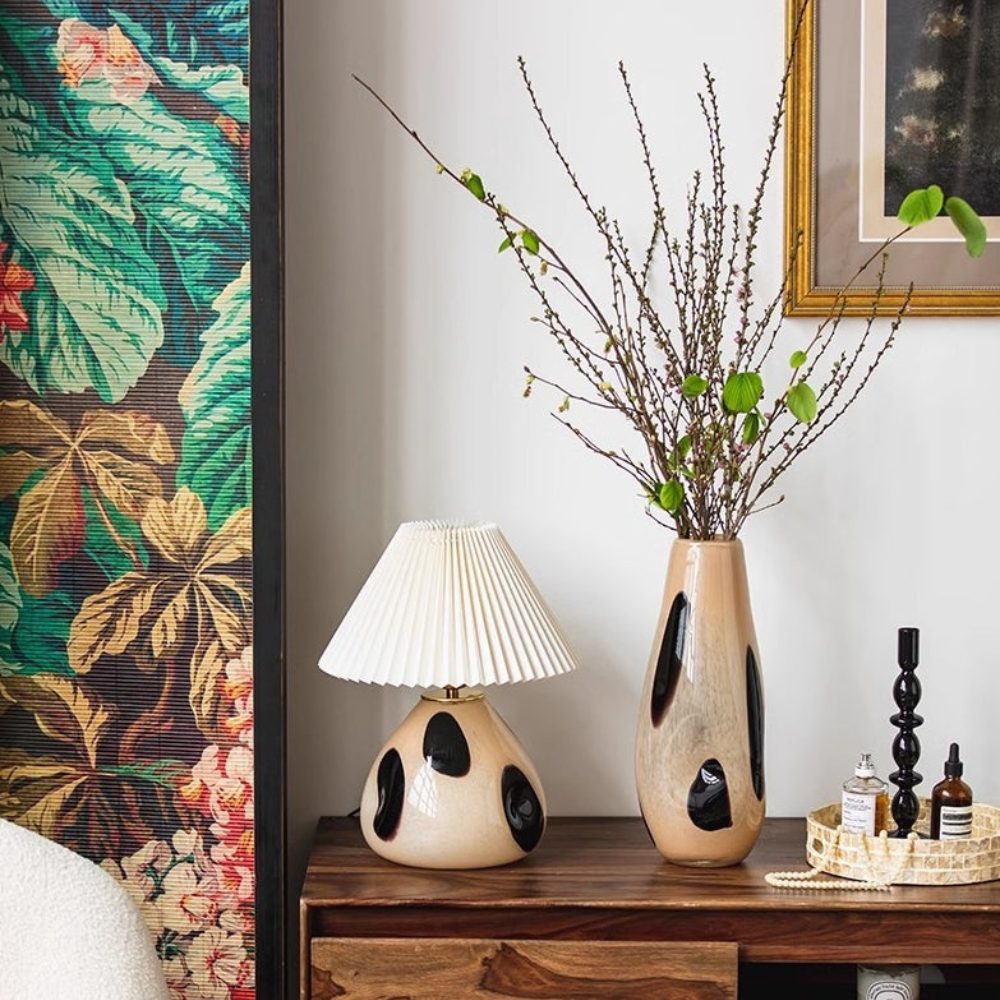 Table Lamp with Pleated Fabric Shade - Mid Century Modern Ceramic