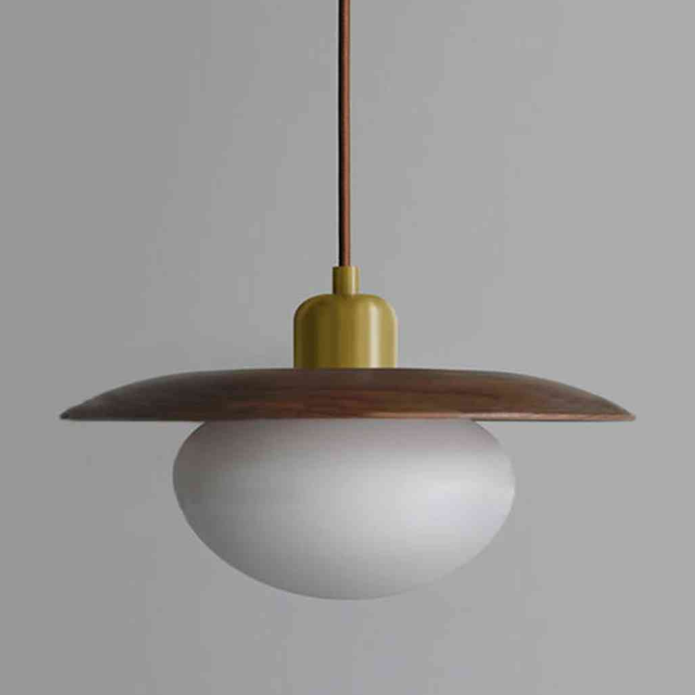 Moderne Pendelleuchte aus Kieselglas und Holz – Japandi Disk Pendelleuchten