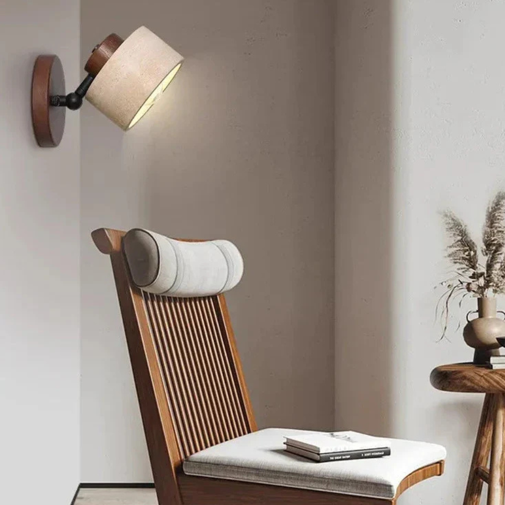 Architectural Adjustable Stone Wall Light - Minimalist Wood & Travertine Sconce