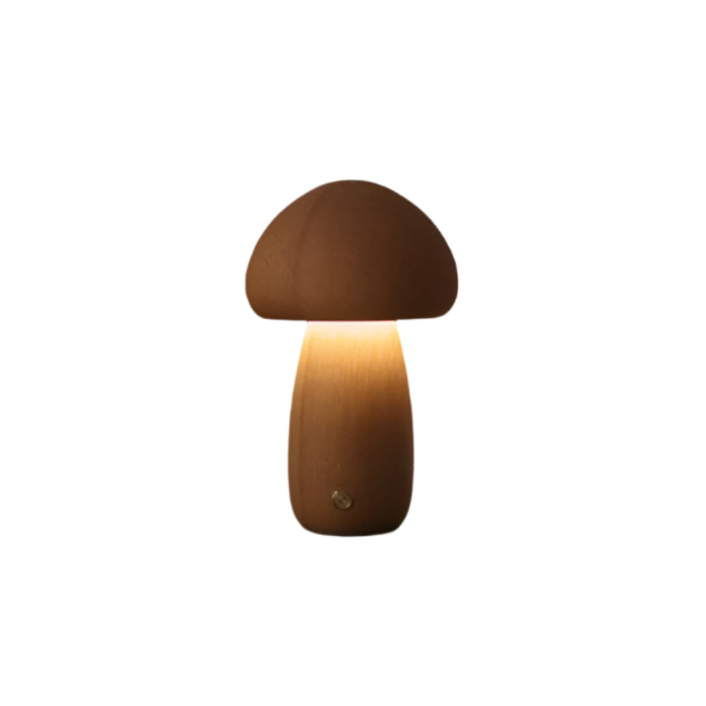 Cordless Mushroom Table Lamp in Carved Wood Mushroom - Rechargeable LED Style