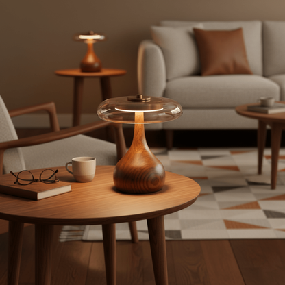 Mid-Century Modern Amber Glass and Walnut Wood LED Mushroom Table Lamp