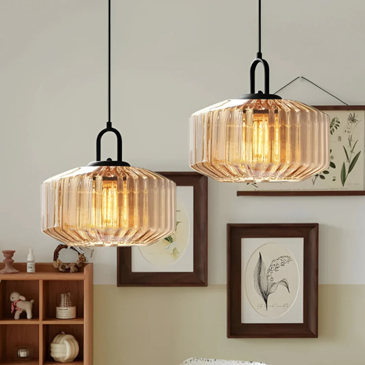 Pendant Light with Ribbed Glass Shade - Retro Mid Century Modern