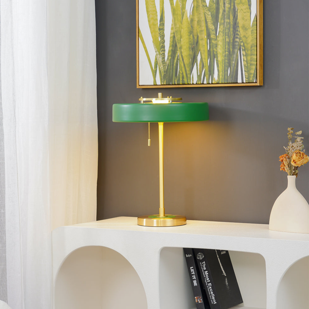 Tischlampe aus gesponnenem Metall mit Zugkette und Acryl-Diffusor – Industrial