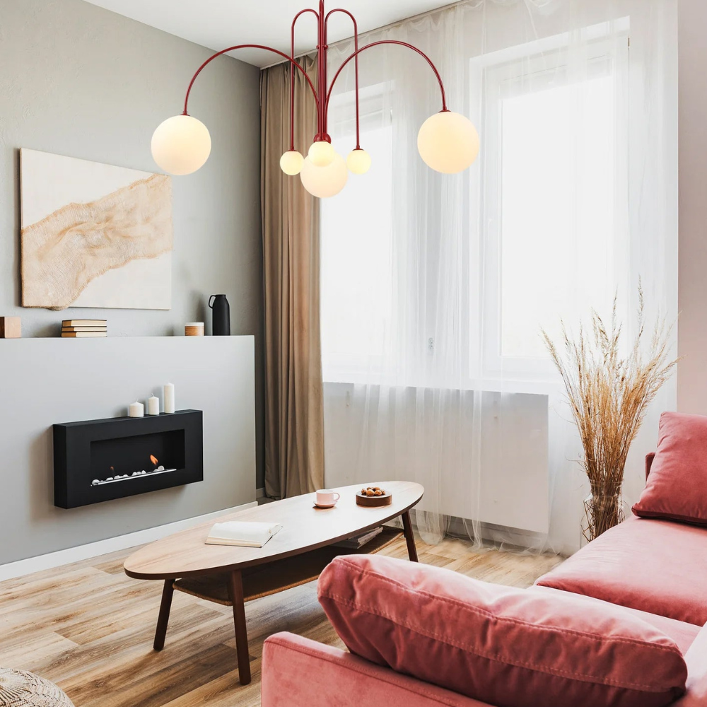 Chandelier with Arched Arms and Frosted Globes - Modern Mid Century
