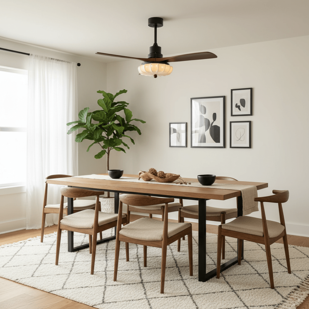Deckenventilator mit Licht und handgefertigtem Lotus-Schirm aus Stoff – ruhiger moderner Stil