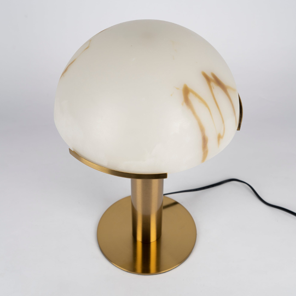 Glas- und Alabaster-Kuppeltischlampe mit Metallfuß – Mid-Century-Modern