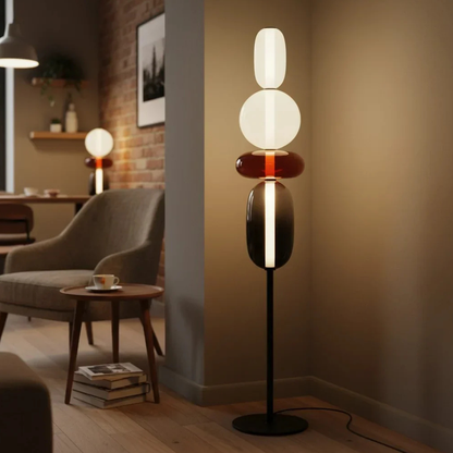 Modern LED Floor Lamp with Stacked Blown Glass Pebbles and Slender Metal Post