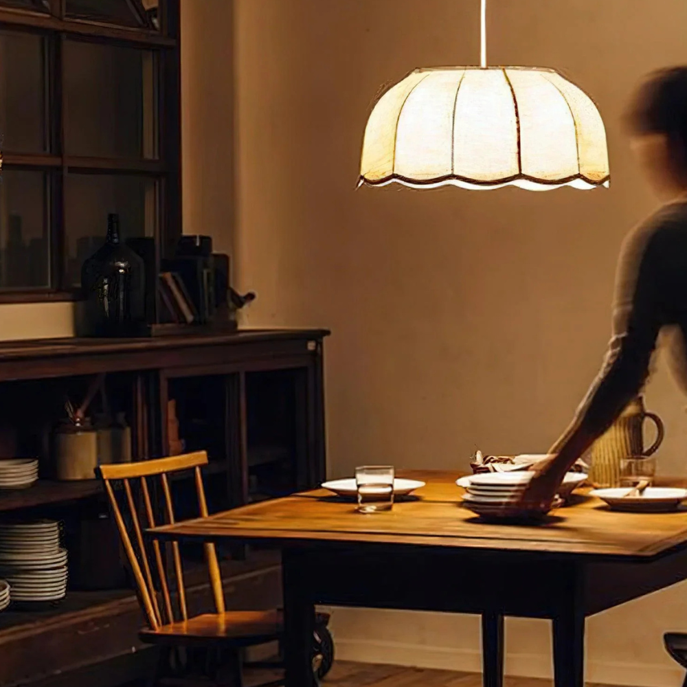 Scalloped Fabric Pendant Lamp - Modern Boho Beige Striped Ceiling Light