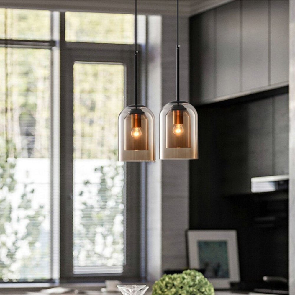 Pendant Light with Double Cylinder Glass Shade - Modern Mid Century