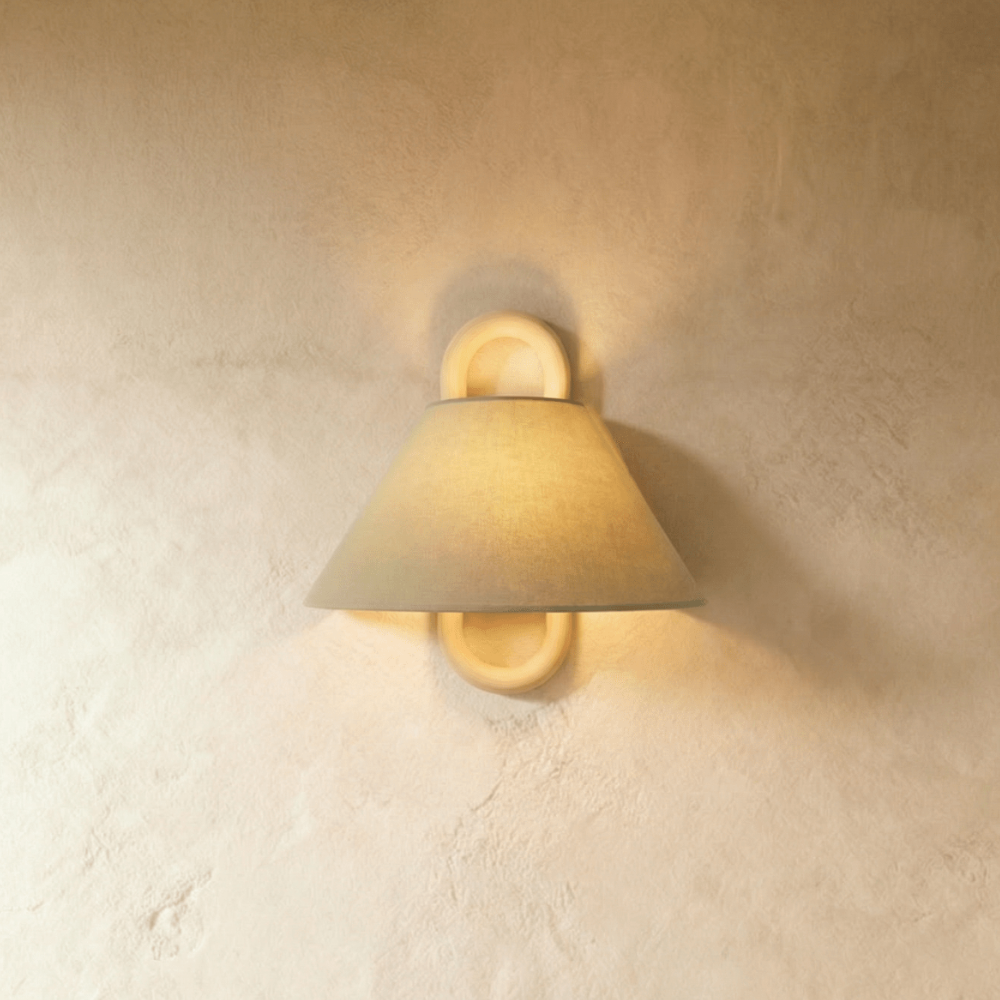 Wall Sconce with Tapered Fabric Shade - Modern Mid Century Wood