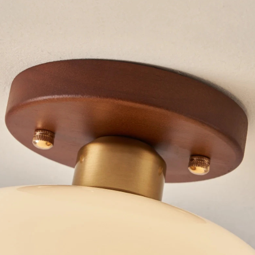 Flush Mount Ceiling Light with Glass Shade - Walnut Mid Century Modern