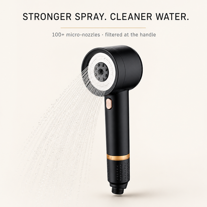 Cascera filtered shower head, matte black with gold band, spraying