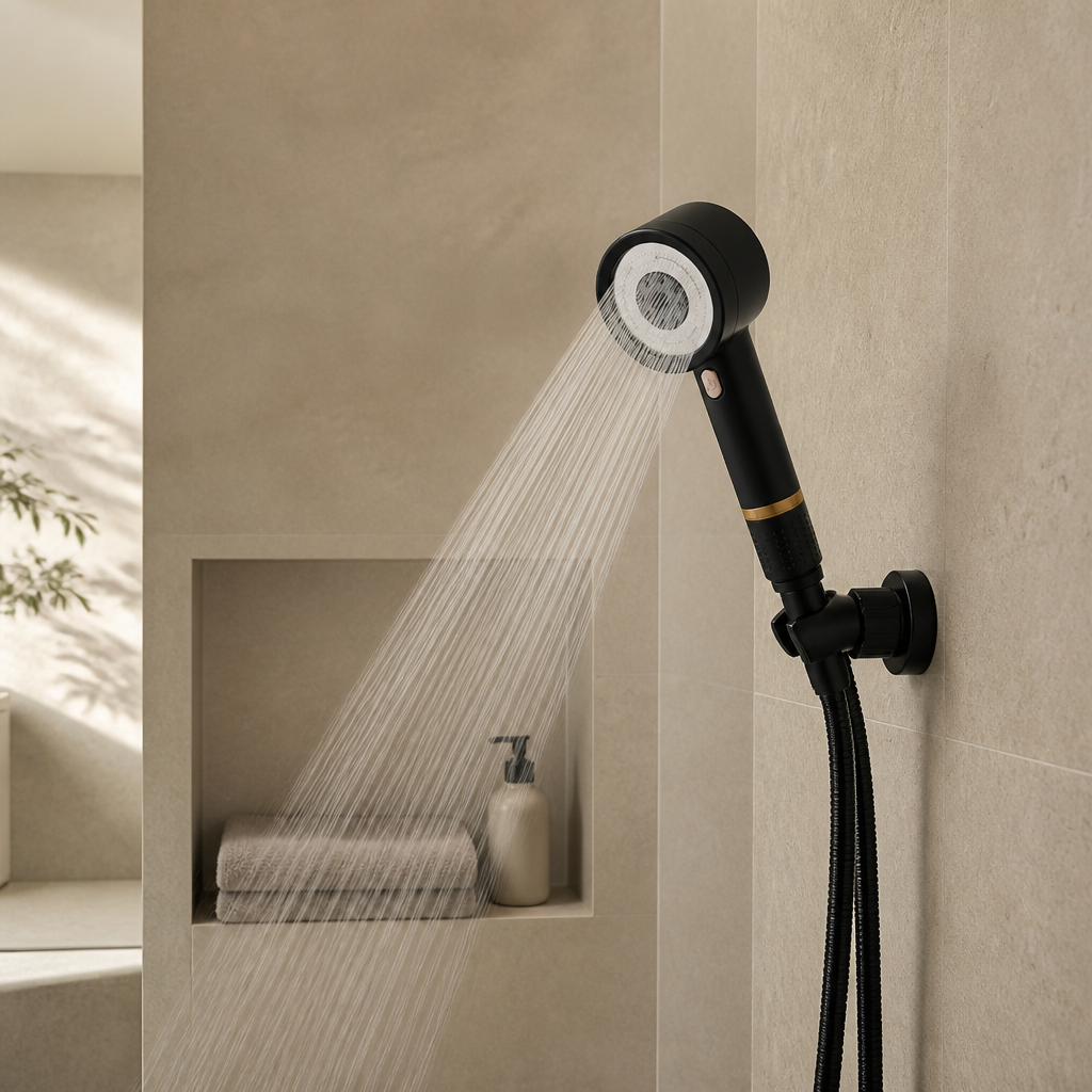 Cascera shower head mounted in a modern stone bathroom, water running