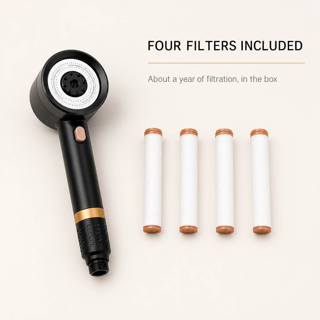 Four replacement cotton filter cartridges included with the Cascera shower head