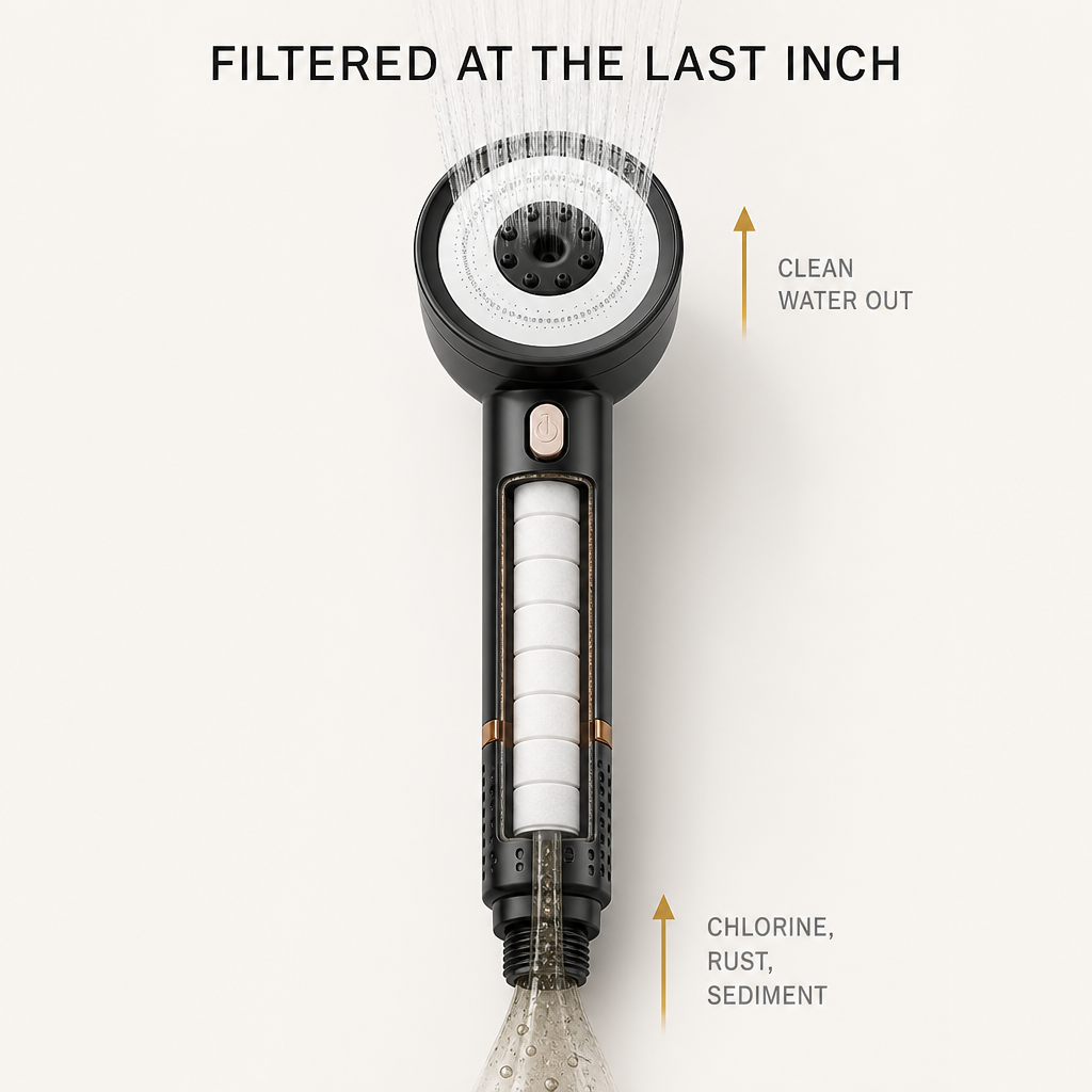 Cutaway of the Cascera cotton filter core, unfiltered water in, clean water out