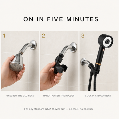 Three-step installation on a standard G1/2 shower arm, no tools