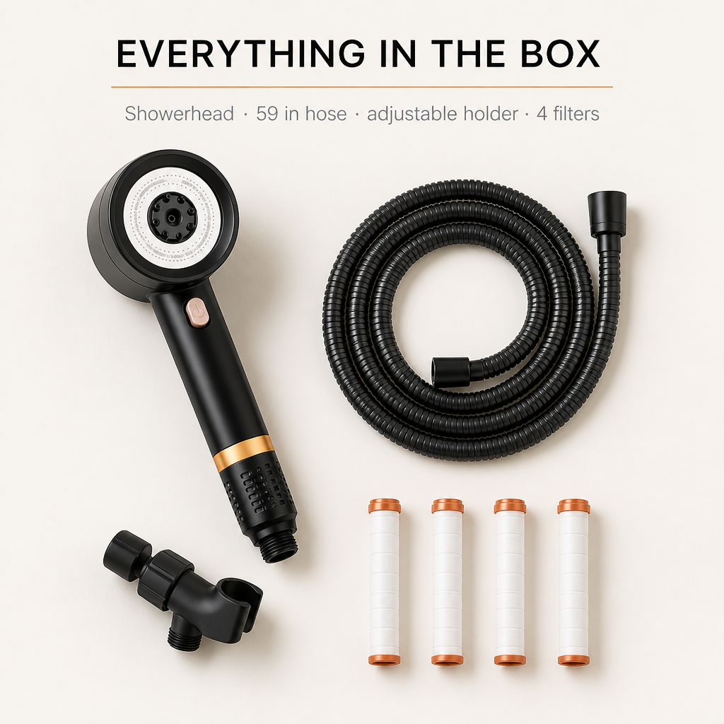 In the box: showerhead, 59 inch hose, adjustable holder and four filters