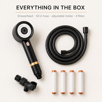 In the box: showerhead, 59 inch hose, adjustable holder and four filters