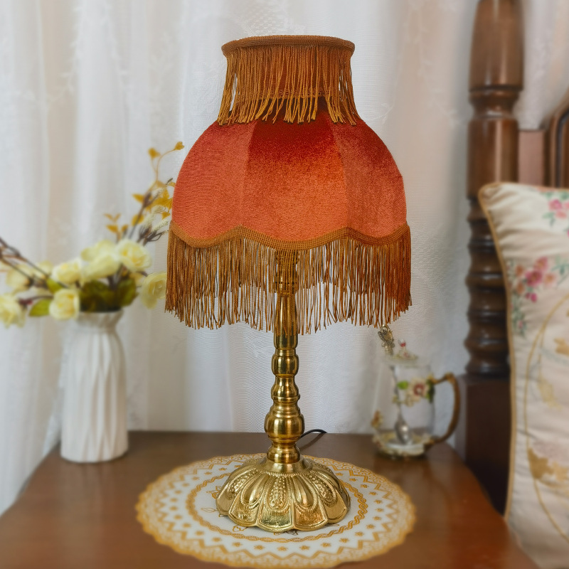 Table Lamp with Fringed Fabric Shade - Vintage Traditional Red