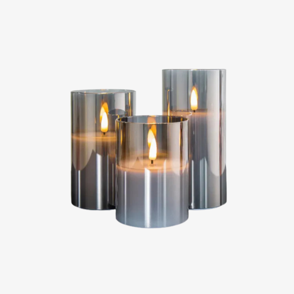 Battery Operated Moving Wick Candles - Minimalist Smoky Glass Set of 3