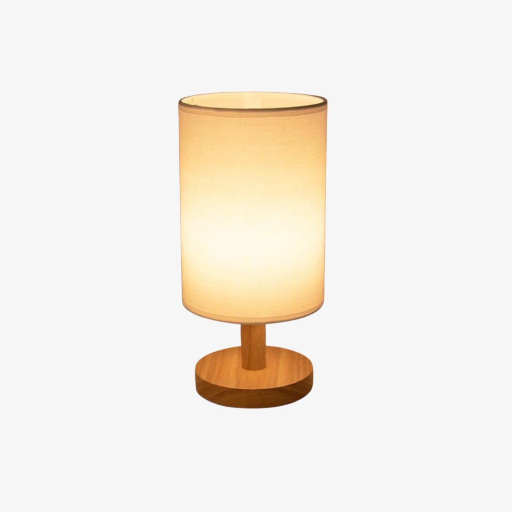 Dimmbarer Holztischleuchter im Stil der Mitte des Jahrhunderts mit Stoffzylinderschirm
