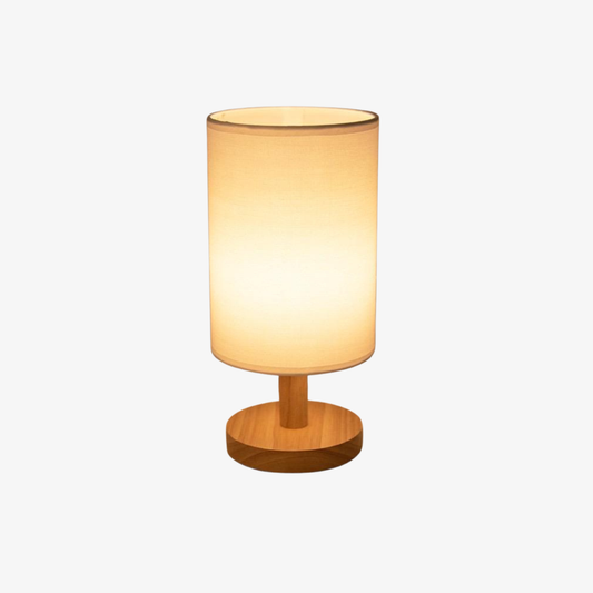 Dimmbarer Holztischleuchter im Stil der Mitte des Jahrhunderts mit Stoffzylinderschirm