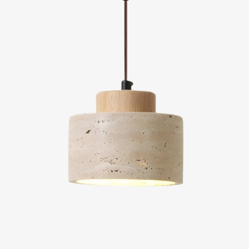Travertine Stone Pendant Light with Wood Cap - Modern Wabi-Sabi