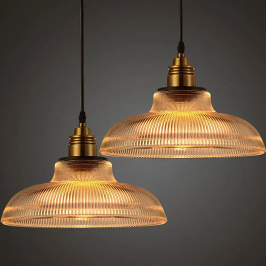 Ribbed Glass Pendant Light with Brass Hardware - Modern Farmhouse Style