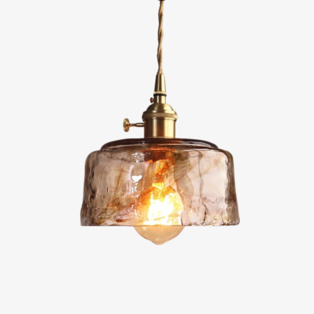 Pendelleuchte aus gehämmertem Glas mit welliger Struktur – Vintage-Messing-Stil