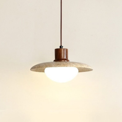 Wabi-Sabi Travertine Style Pendant Light with Solid Wood - Modern Earthy Decor