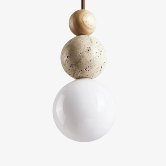 Suspension Sphère Empilée Wabi-Sabi - Pierre de Travertin, Bois et Verre