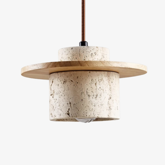 Travertine Pendant Light with Wood Accents - Wabi Sabi Modern Style