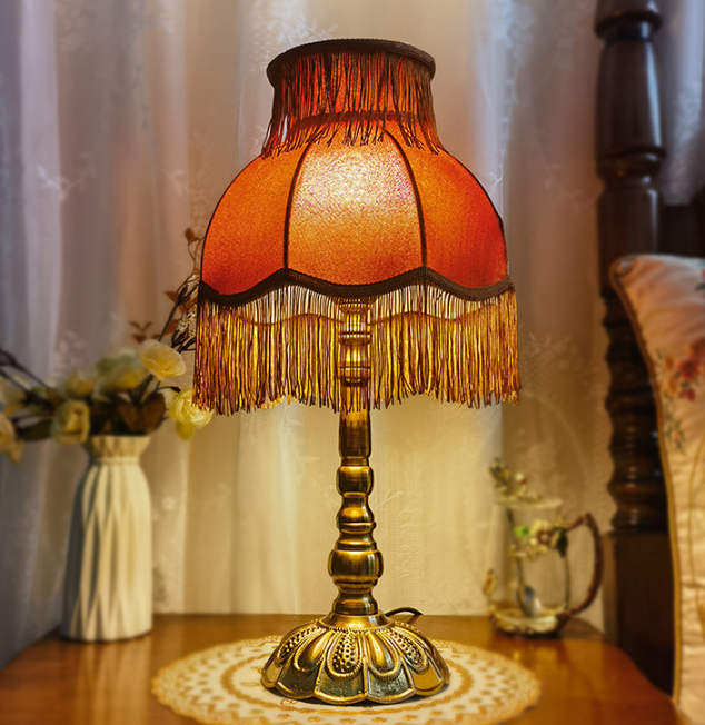 Table Lamp with Fringed Fabric Shade - Vintage Traditional Red