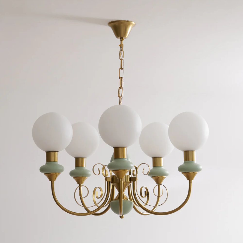 Chandelier with Milky Glass Globes and Scrollwork Frame - Vintage French Style