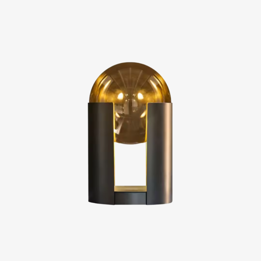 Postmoderne Tischlampe aus bernsteinfarbenem Glas – Matte schwarze Zylinder-Kuppelleuchte