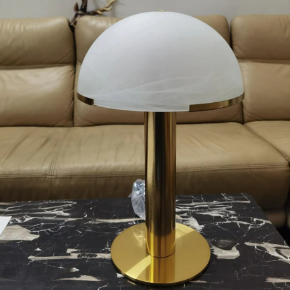 Glas- und Alabaster-Kuppeltischlampe mit Metallfuß – Mid-Century-Modern
