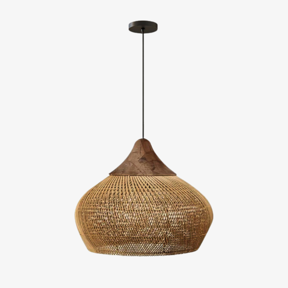 Modern Rattan Silhouette Pendant Light - Woven Basket Hanging Lamp with Wood Cap