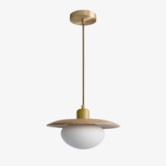 Suspension moderne en verre galet et bois - Suspensions disque Japandi
