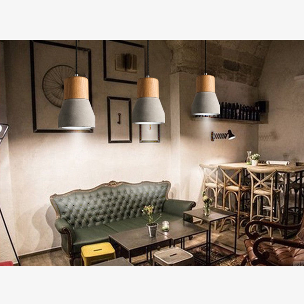 Modern Concrete & Wood Pendant Light - Nordic Industrial Timber Hanging Lamp